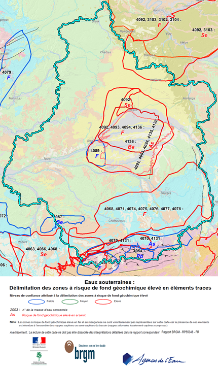 Carte des zones à risque de fond hydrogéochimique élevé (extrait de Brenot et al, 2007) 